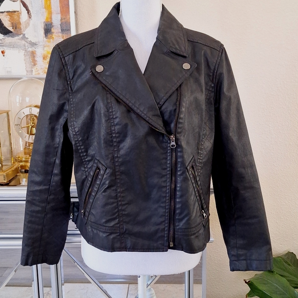 Loft Faux Leather Black Moto Jacket Stretchy Cropped Cotton Large